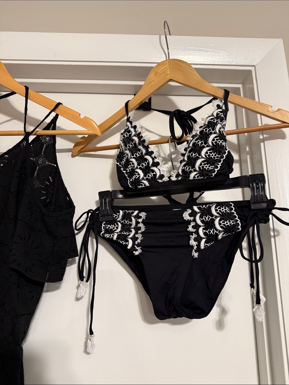 Isabella Rose Black & White Embroidered Tie-Side Bikini Set - Women Swim